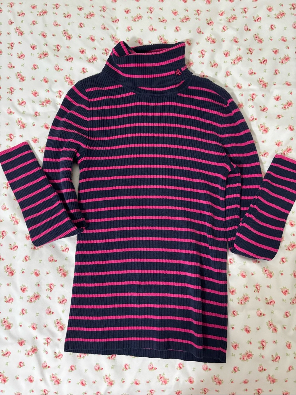 Ralph Lauren Navy and Pink Striped Ribbed Turtleneck Sweater